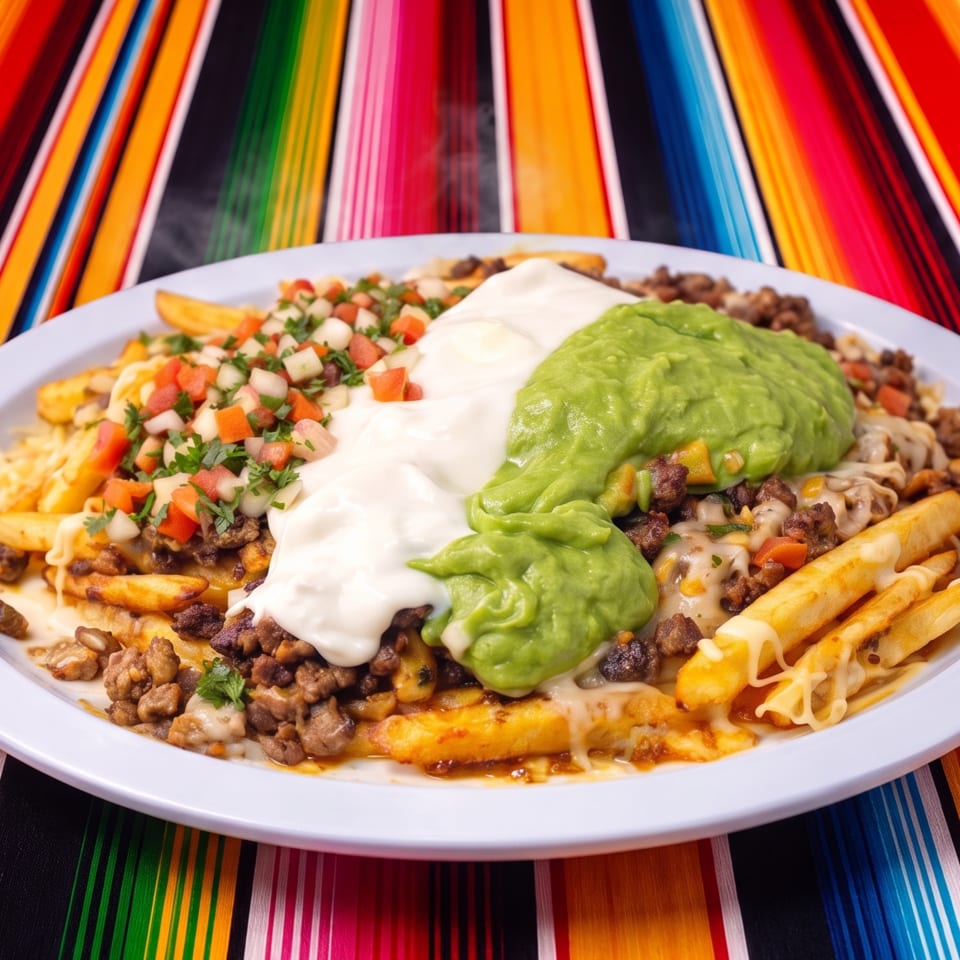 Loaded plate of fries, seasoned ground meat, melted cheese, pico de gallo, sour cream, and guacamole on a colorful striped tablecloth.