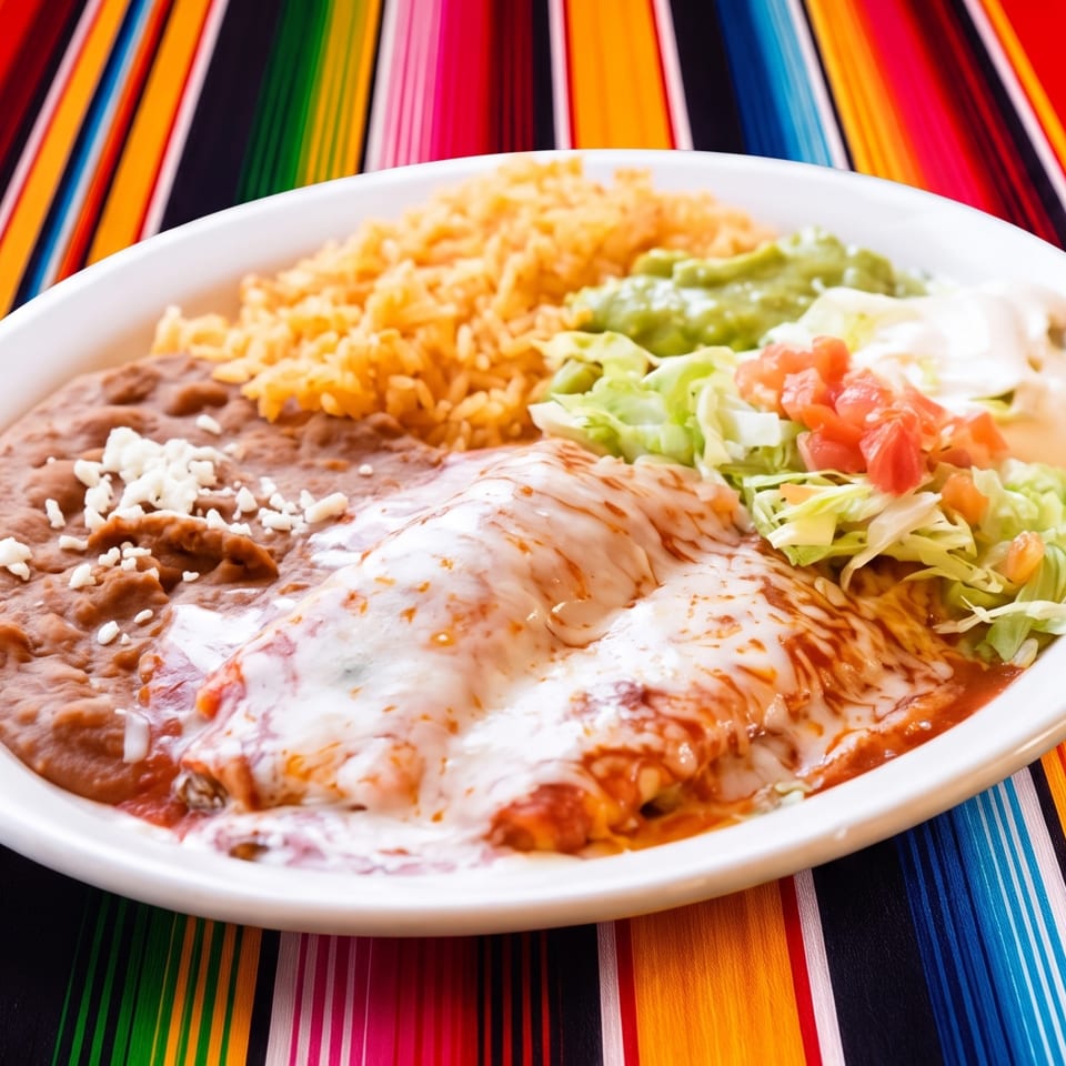 Mexican platter with enchiladas, refried beans, rice, lettuce, salsa, guacamole, and sour cream on a colorful striped tablecloth.