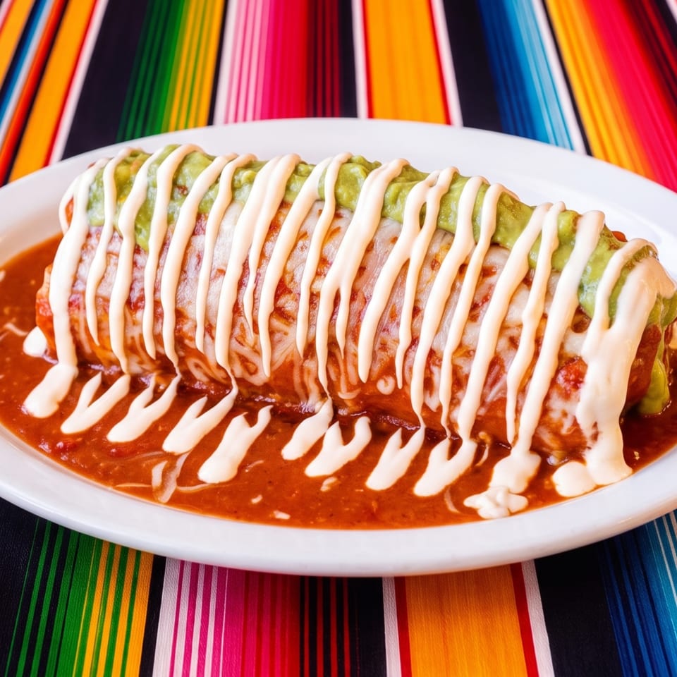 Saucy burrito topped with guacamole and cream sits on a white plate over a colorful striped textile.