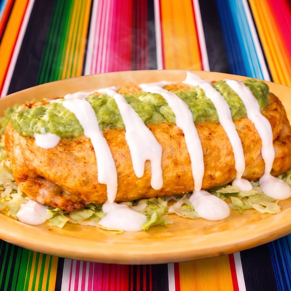Golden burrito topped with guacamole and sour cream, served on shredded lettuce over a colorful striped textile.
