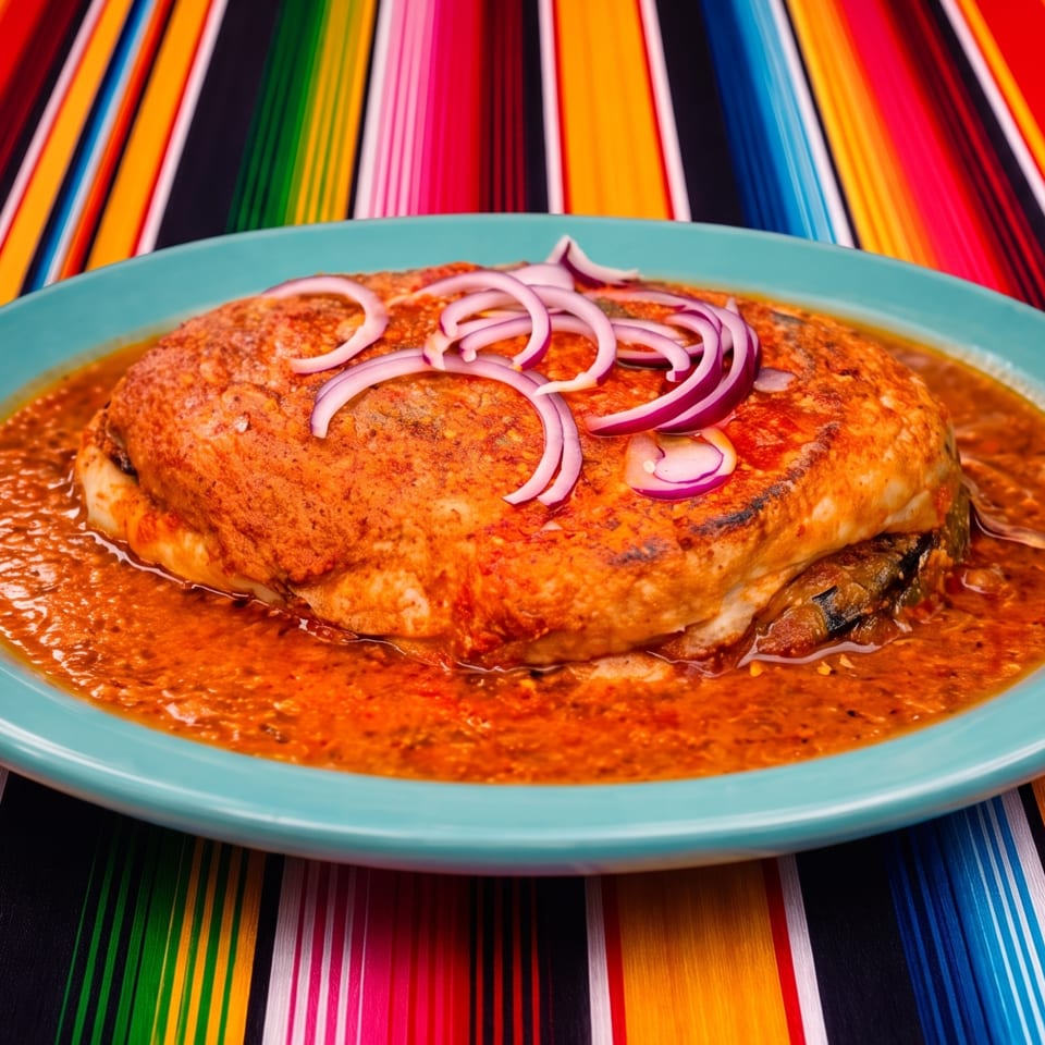 Grilled, golden-brown dish topped with sliced red onions in reddish sauce on a turquoise plate over colorful striped fabric.
