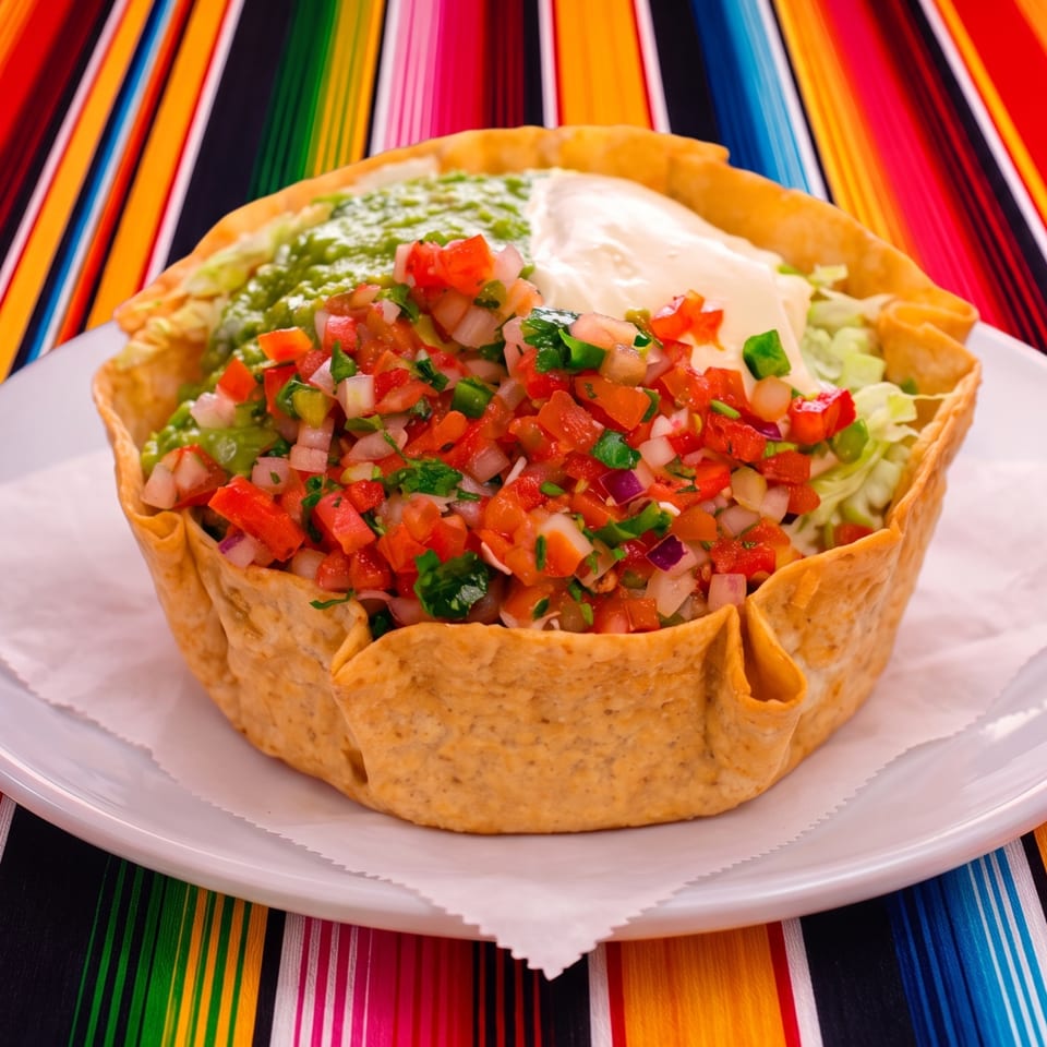 Crispy tortilla bowl filled with pico de gallo, guacamole, sour cream, and lettuce on a colorful striped tablecloth.