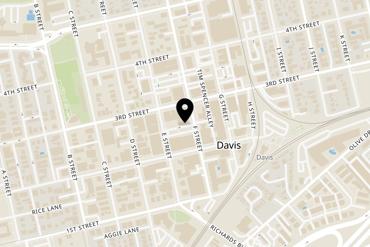 Map showing the location of Taqueria El Burrito Davis on 223 F St in Davis